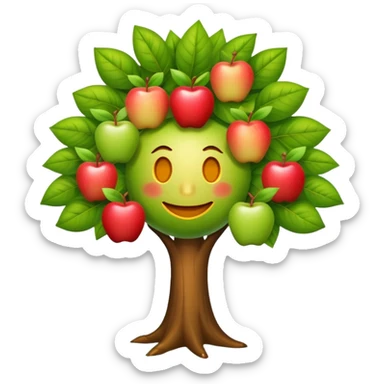 diseña a un árbol con cara sonriente y que las hojas tenga tres manzanas en cada lado o en cada parte de las hojas. sticker