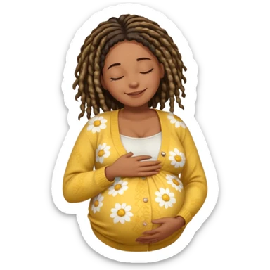 pregnant black woman with dread lock hair happily touching her big belly while wearing casual shirt and yellow warm  flowery cardigan closing her eyes and smile wamrly sticker