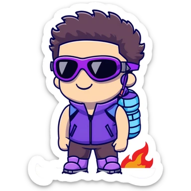 close-up of male athlete with white skin and moderately curly dark brown hair on top with shaved sides, wearing ski goggles with purple frames and very dark black lenses, a simple plain black chain necklace, and a completely unzipped sleeveless vest with purple and black sequin fire pattern design with no logo, with an arrogant smug smirk on his face, looking confident and cocky sticker