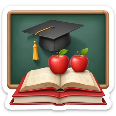 An icon featuring an open book, a pencil, and an apple, symbolizing education and pedagogy. The design includes a chalkboard with a lesson plan and a graduation cap, representing teaching and learning. Transparent background highlights the nurturing of knowledge and growth. sticker