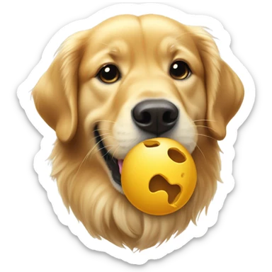 Golden retriever eating sphere that has a hole sticker