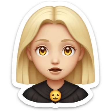 Stylized cult cartoon girl emoji, eerie-cute aesthetic, symmetrical design, subtle spooky vibe, glowing eyes, chanting “AMILK”, bold graphic icon sticker