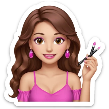 girl with long wavy brown hair, brown eyes, long lashes makeup, sexy pink lips, light to medium complexion, pink sexy top, smiling, hand by the cheek sticker