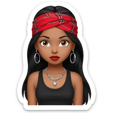a pretty bratz dusky girl with long black hair, kajal under eyes, small silver hoop. black tank top on. Red bandana on sticker