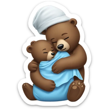 mama bear cradles her sick bear cub. she is holding her cub in her arms as he winces with an ice pack on his head sticker