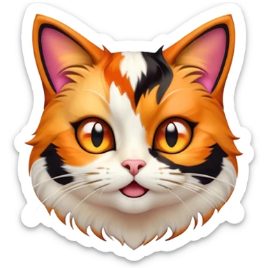 Cinematic Comical Calico Cat Portrait Emoji, Head tilted dramatically with an exaggeratedly surprised expression, showcasing a vibrant patchwork fur of orange, black, and white with wide, comically expressive eyes, simplified yet hilariously detailed, glowing with a sassy, golden radiance, high shine, exuding playful mischief and cheeky feline attitude, styled with a soft glowing outline, capturing the essence of a calico cat that looks ready to leap off the screen with mischievous flair! sticker