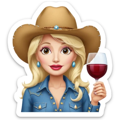 Dolly Parton with a huge glass of wine on a bachelorette trip and a cowboy hat and huge lips sticker