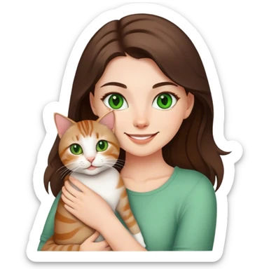 brunette white girl green eyes holding a tabby cat smiling sticker