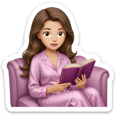 Woman with light tanned skin reading a book on Beige sofa. Long wavy brunette hair. Ivory silk pyjamas. Realistic. Foxeye with long lashes. Pinky mauve lips. sticker