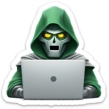 smiling dr. doom working with laptop sticker