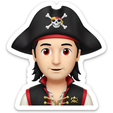 Captain Feathersword of The Wiggles with light skin, brown eyes, black hair, black pirate hat, white pirate shirt with red vest, one eye patch sticker