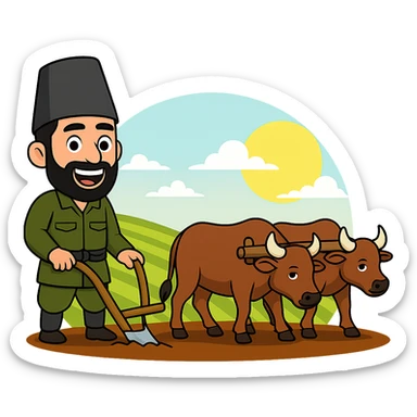 Edit the cartoon sticker by changing the farmer's clothing to traditional Kurdish attire from the Slemani (Sulaymaniyah) region. Keep the rest of the vibrant, cheerful cartoon sticker the same, suitable for WhatsApp and Instagram. Maintain a transparent background. sticker