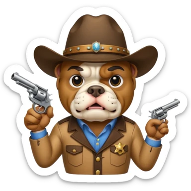 A bulldog wearing a cowboy hat pointing a revolver at you and telling you to hand over your money. sticker