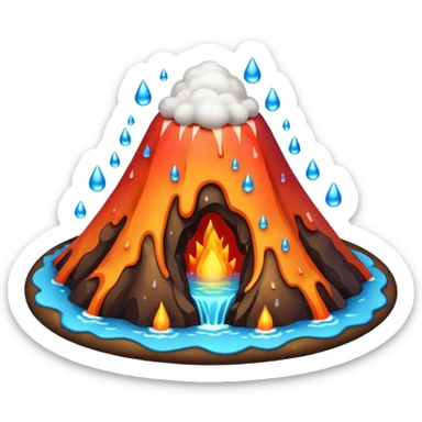 A cute, round emoji-style volcano with a smooth, simplified shape and soft shading. 
Instead of lava, the volcano erupts with colorful water droplets that pop upward in playful arcs. 
 sticker