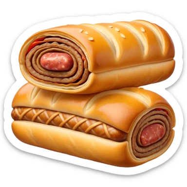 Cinematic Realistic Sausage Roll Dish Emoji, depicted with a crisp, golden pastry wrapped around flavorful sausage, rendered with detailed textures and appetizing lighting. sticker