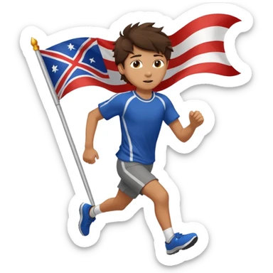 A teen boy with messy brunette hair, running with a fluttering flag behind him. sticker