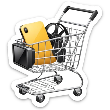 shopping cart with a graphics card, wireless mouse, and digital camera sticker