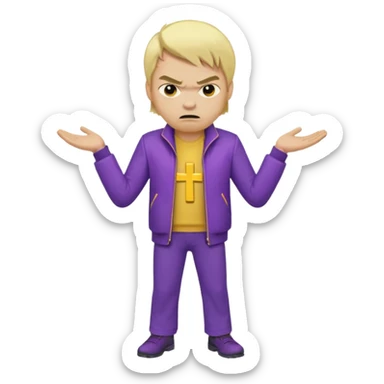 Create A Guy Wearing Light Skin Blond Hair Yellow Cross Purple Jacket Purple Pants And Mad Face sticker