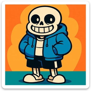 Sans from Undertale, cartoon style, blue hoodie, black shorts, white skeleton, simple background sticker