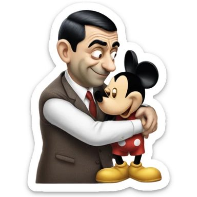 mr bean hugging with mickey mouse sticker