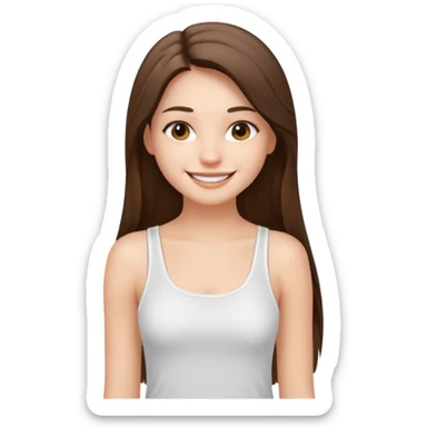 a pretty bratz fair girl with straight brunette long hair, wearing a white thin strap trap tank top, smiling sticker