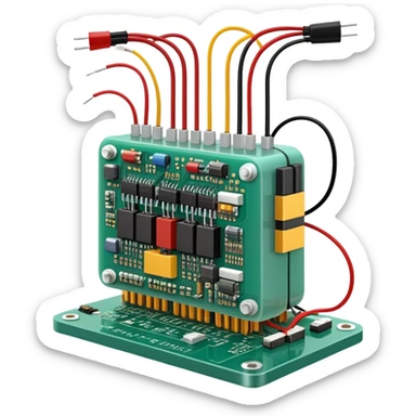 An icon featuring a circuit board, electrical wires, symbolizing electrical engineering. The design includes resistors, capacitors, and a power transformer, representing the study of electrical systems and innovation. Transparent background highlights modern electrical technology sticker