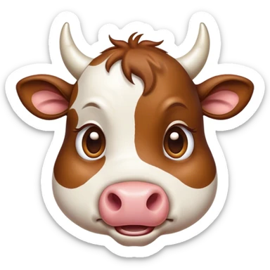 Cinematic Comical Brown and White Cow Portrait Emoji, Head tilted dramatically with an exaggeratedly amused expression, featuring a striking, glossy hide with a dynamic mix of brown and white, wide, expressive brown eyes filled with playful disbelief, Simplified yet hilariously expressive features, highly detailed, glowing with a slightly sassy glow, high shine, dramatic yet playful, stylized with an air of cheeky mischief, bright and endearing, soft glowing outline, capturing the essence of a spirited and over-the-top cow, so meme-worthy it feels like it could moo its way into internet fame instantly! sticker