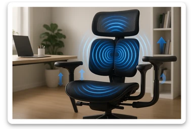 ergonomic office chair, reduces fatigue and muscle tension, modern workspace, soft light, realistic photo sticker