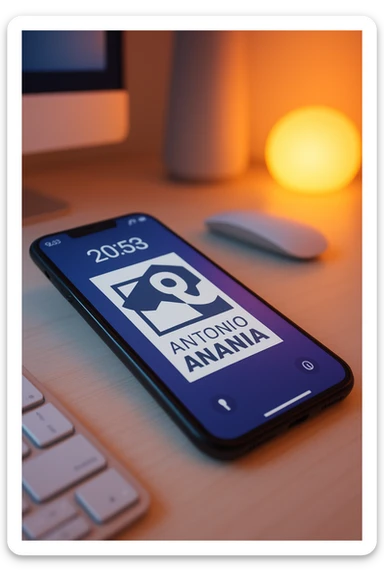 A photo of an iPhone on the desk with the message "Antonio Anania" on its screen, The phone sits atop a desk with a blurred background that suggests work environment. A faint glow from above casts gentle shadows across the surface of each object, creating depth and highlighting their textures sticker