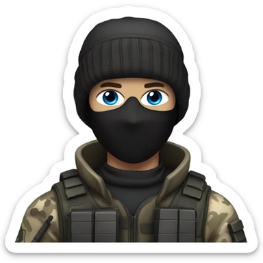White male, call of duty black mask, camo tactical gear, combat boots, black beanie, blue eyes sticker