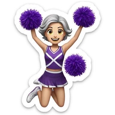 Caucasian gray hair cheerleader with dark brown hair, jumping and holding up two purple Pom poms, small full body emoji sticker