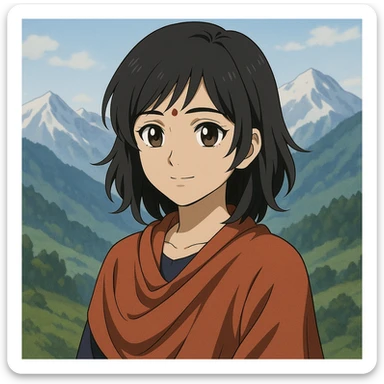 anime style Indian girl living in the mountains, black layered haircut, brownish-black Indian eyes, fair face, subtle mountain background sticker