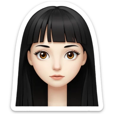 девушка с бледной кожей у неё длиные прямые черные волосы и челка прямая ниже бровей глаза коричневого цвета худая у неё длиные ресницы sticker
