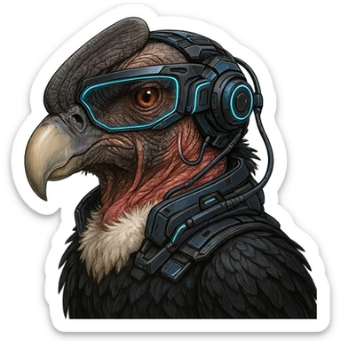 a condor with futuristic eyewear, tech-inspired, detailed and expressive sticker