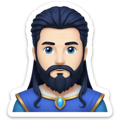 Neptune, Sea God from Rome Mythology with long jet black hair and beard, cobalt blue outfit sticker