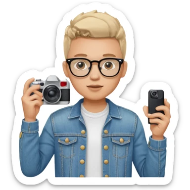 Young male, holding camera, jean jacket with white t-shirt inside, glasses


 sticker