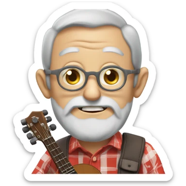 Old man, really long grey beard, country bumpkin, huge wild eyes, buck teeth, playing a banjo and wearing a red long sleeve plaid shirt sticker