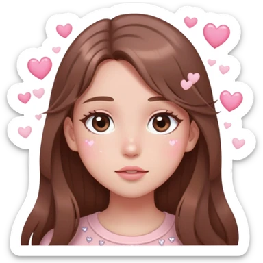 Girl with long brown hair blushing with sparkly eyes and little hearts floating around cartoon style delicate pale pink fangirl 🤩 sticker