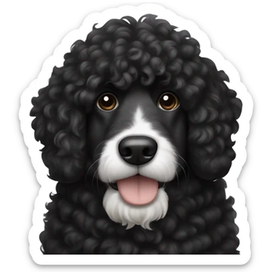A big bernadoodle dog, curly hair all black. All black except for white on its neck. an all black face sticker