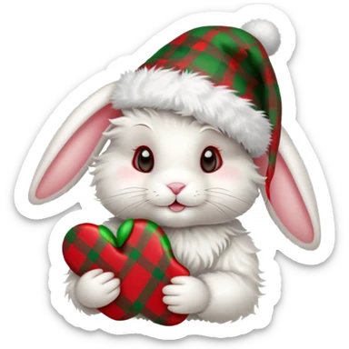 fluffy white angora rabbit wearing red and green plaid Christmas hat held in hands sticker