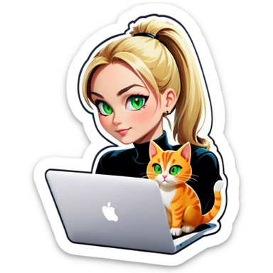 Blonde woman ponytail green eyes with cat and MacBook sticker