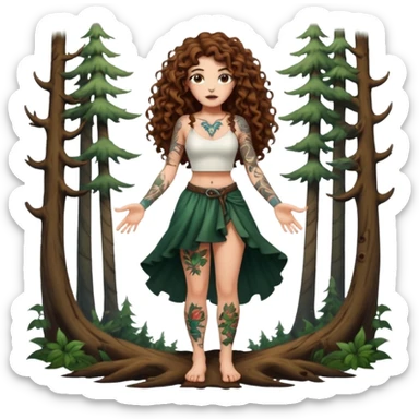 full body view of a woman with long curly brown hair, brown eyes, white skin, tattoos, shrugging with dramatic forest magic burst sticker