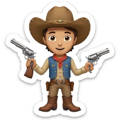 A young cowboy with oversized boots, excited expression, and a tiny toy revolver.
 sticker