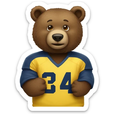 A brown bear wearing a yellow and blue University of Michigan jersey  sticker