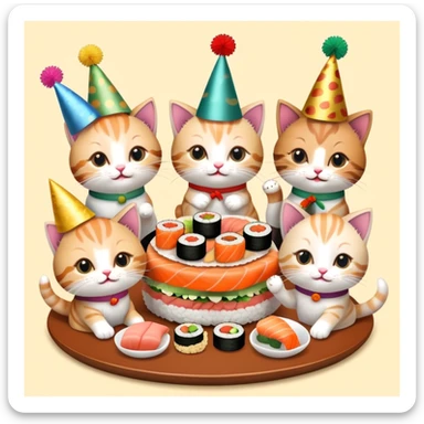 Nine kitties enjoying sushi birthday feast sticker