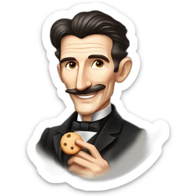 elongated illustration of nikola tesla, side portrait, smiling, pixar style, holding a round cookie i right hand sticker