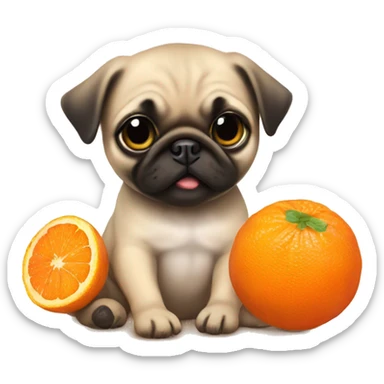 Baby pug playing with a mandarine sticker
