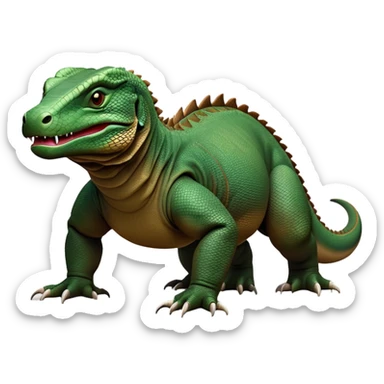cinematic-komodo-dragon-realistic-full-body-on all fours-emoji,-massive-scaled-body-poised-with-quiet-power,-rough-textured-skin-dark-green-and-brown,-head-tilted-dramatically,-long-forked-tongue-flicking-out,-simplified-yet-realistic-focused-features,-highly-detailed,-glowing-with-an-almost-sarcastic-glow sticker