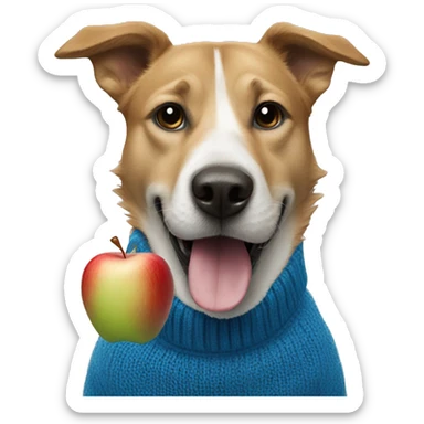 dog with an apple in its mouth with a blue sweater on sticker