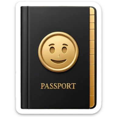 Minimal emoji icon of a black passport, matte cover, simple gold emblem, clean lighting sticker